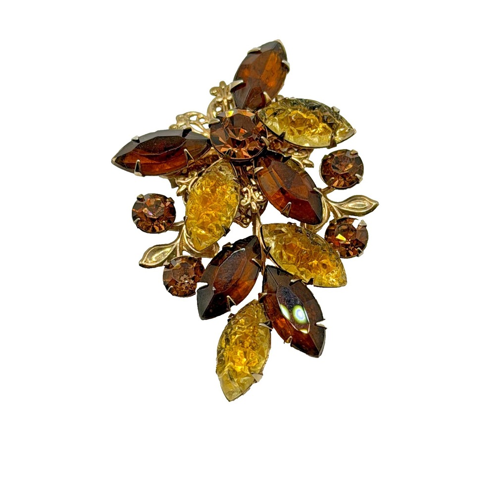 Amber and Brown Rhinestone Layered Floral Spray Gold-Tone Brooch